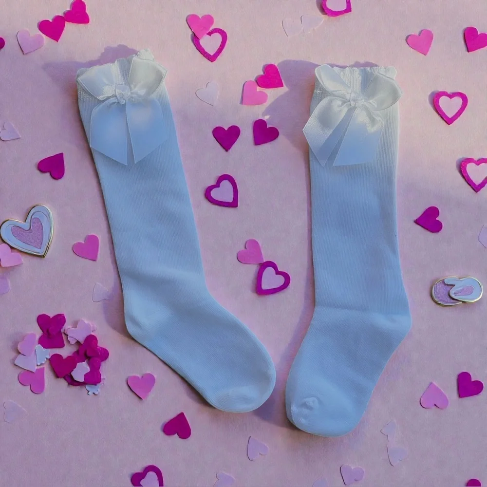 Kids white Knee Highs with Satin Bow